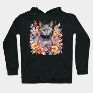 A russian blue cat decorated with beautiful watercolor flowers Hoodie